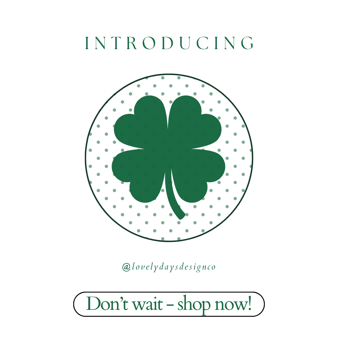 Green four-leaf clover design on a white background with promotional text.