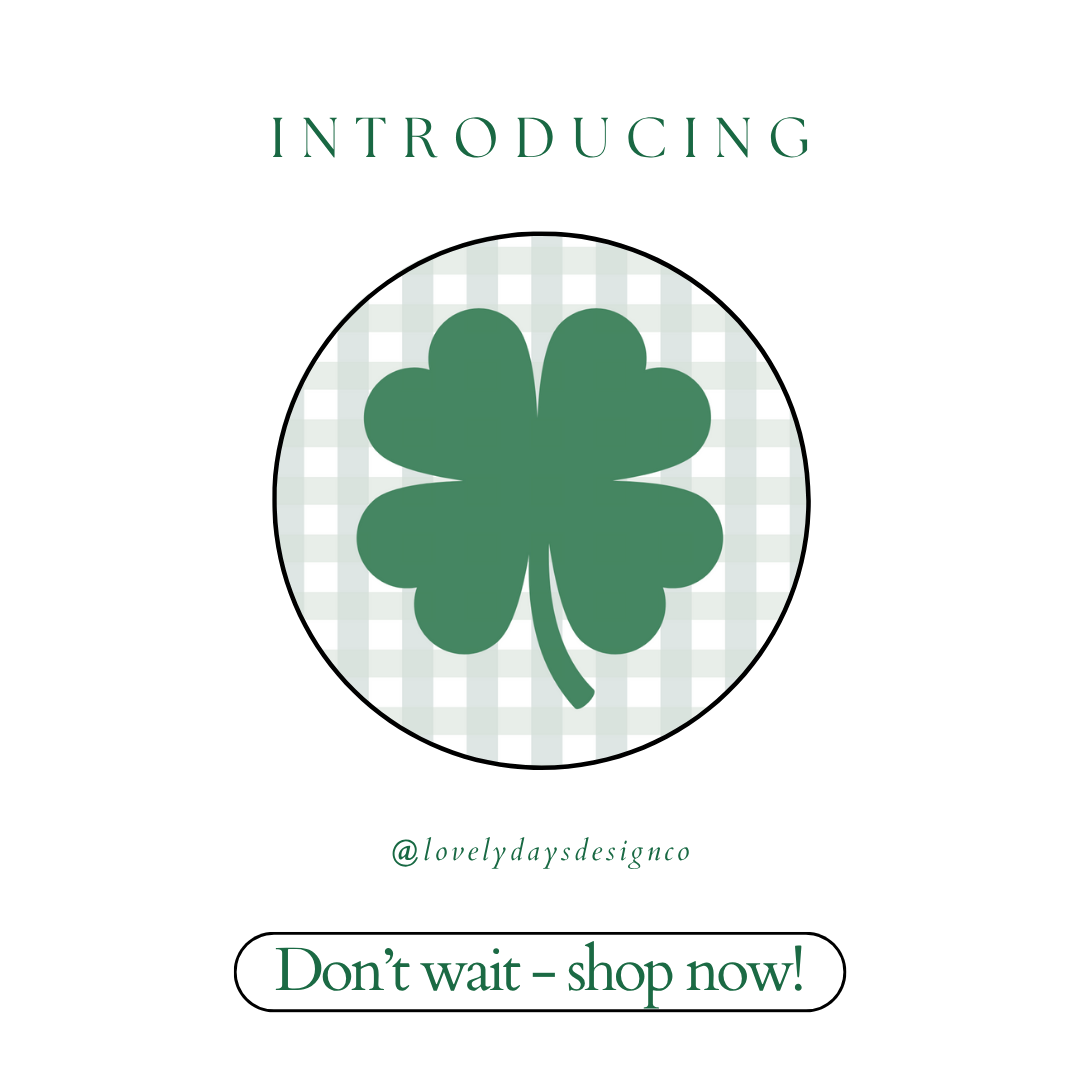Green four-leaf clover design on a checkered background with promotional text.